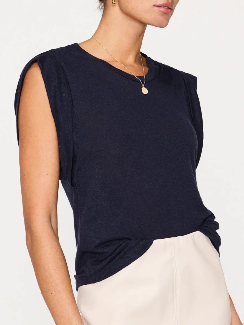 Brochu Walker The Reins Tee Navy Linen Blend Sleeveless Top Size S